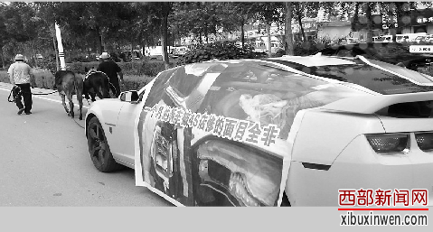 汽车质量存在问题 男子雇来两头毛驴拉车游街